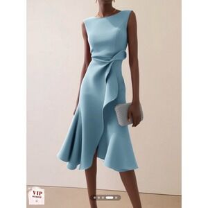 FEHAUTE Womens Ruffles Boat Neck Waist Twist‎ A-line Midi Dress Light Blue Sz 4